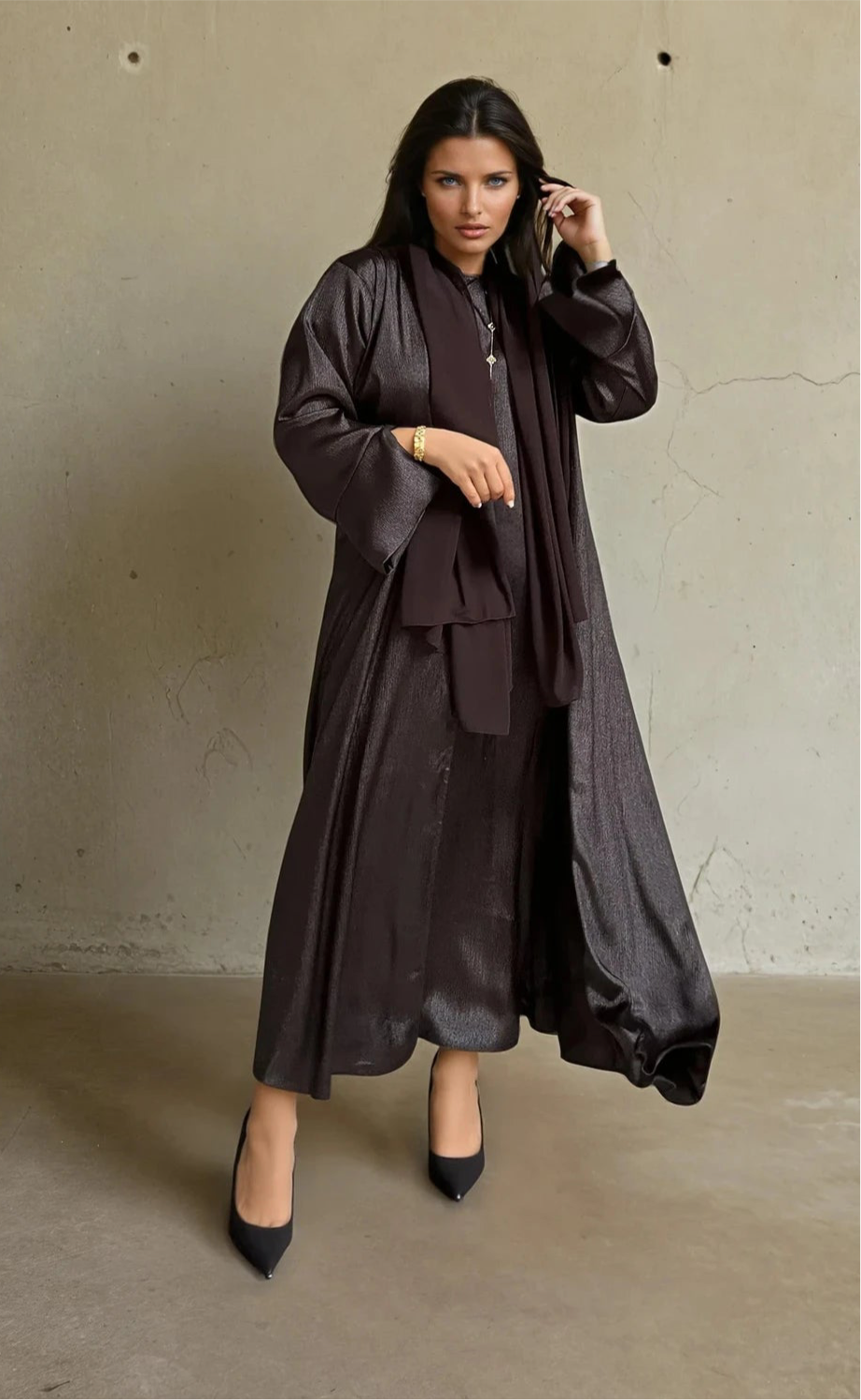 Luxe Malikah Satin Silk  Abaya - Brown
