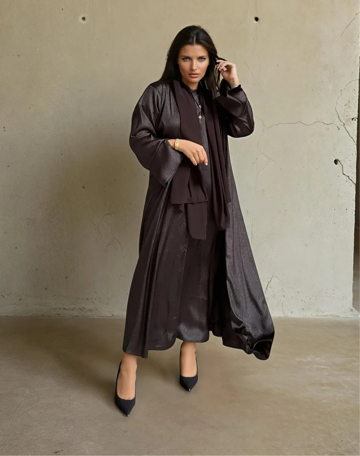 Luxe Malikah Satin Silk  Abaya - Brown