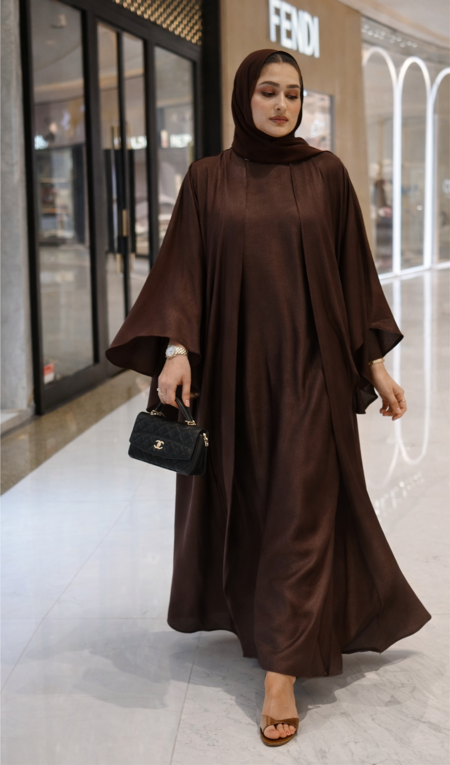 Luxe Malikah Satin Silk  Abaya - Brown