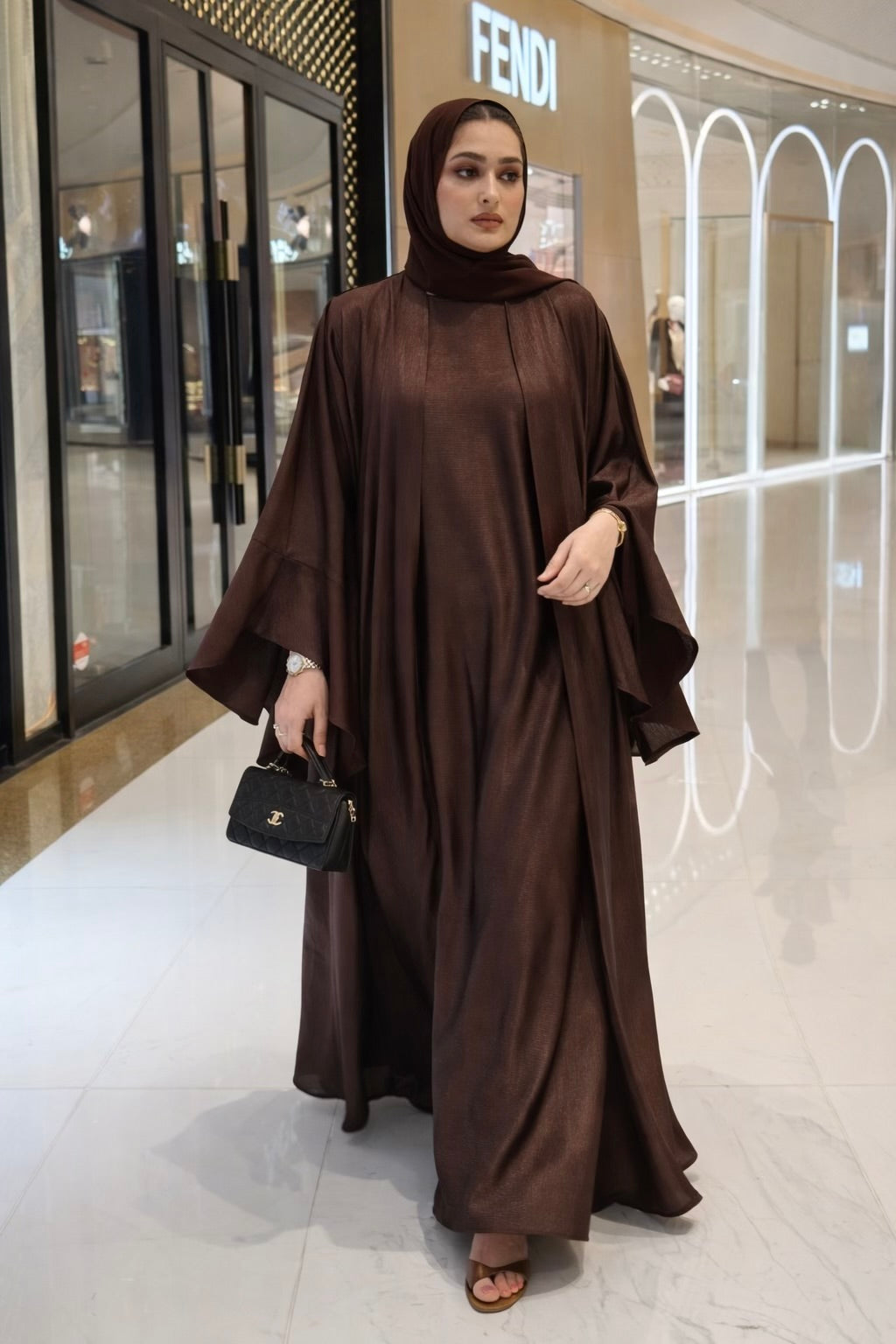 Luxe Malikah Satin Silk  Abaya - Brown