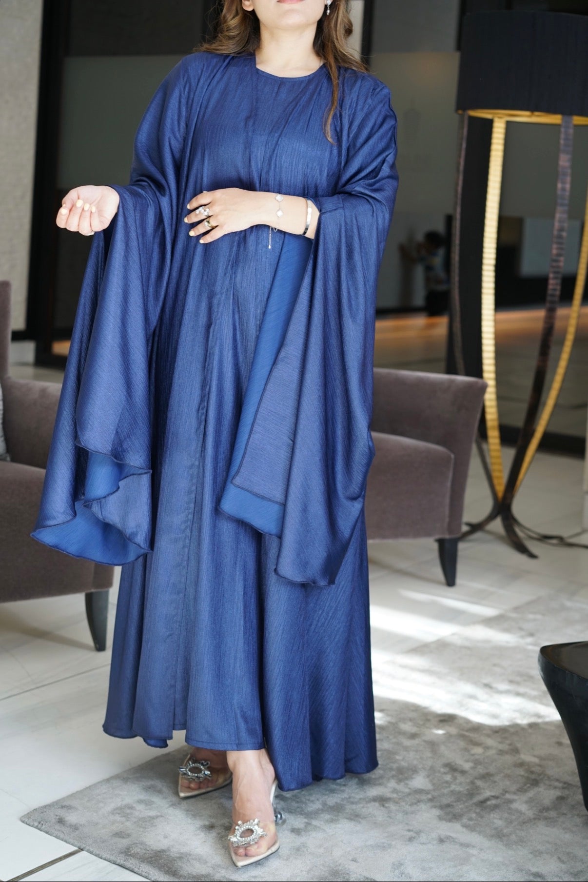 Luxe Malikah Satin Silk  Abaya - Blue